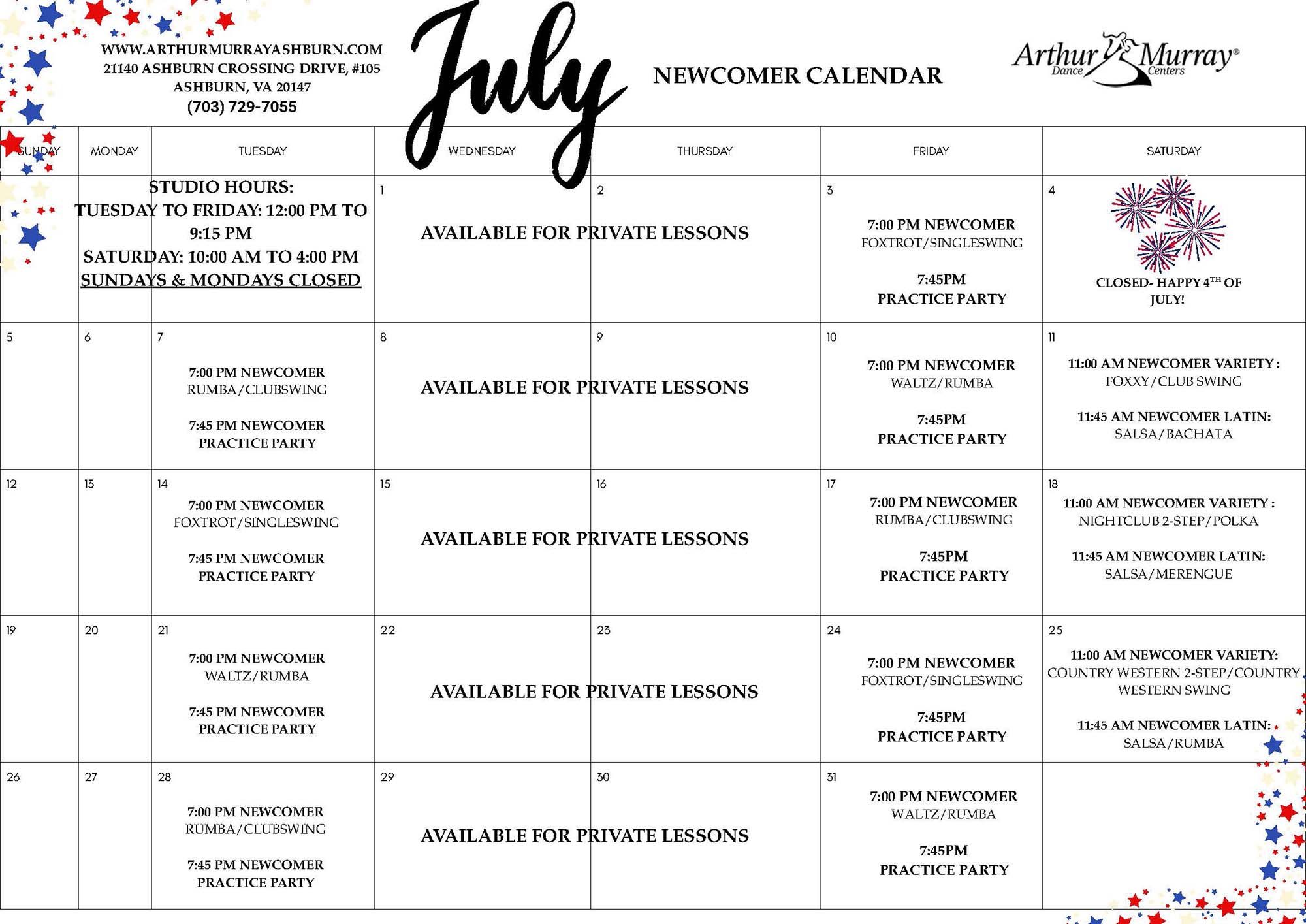 Ashburn - 2026 July Newcomer Calendar