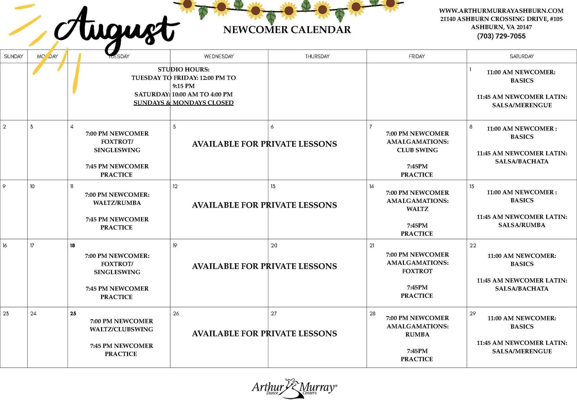 August 2026 Newcomer Calendar - Ashburn