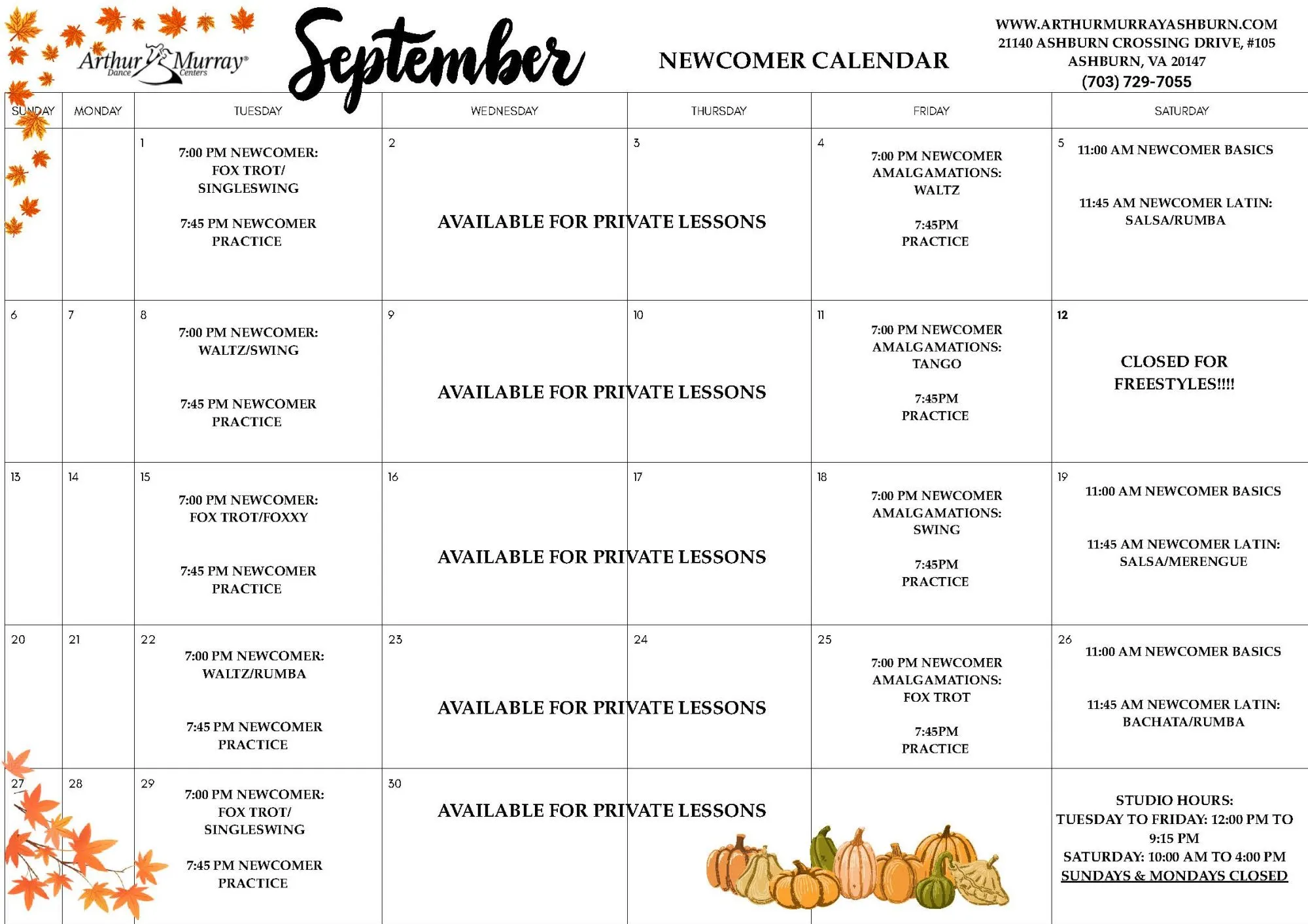 2026 September Newcomer Calendar - Ashburn